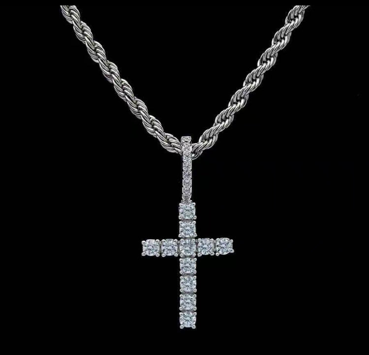 Diamond cross, necklace, white silver